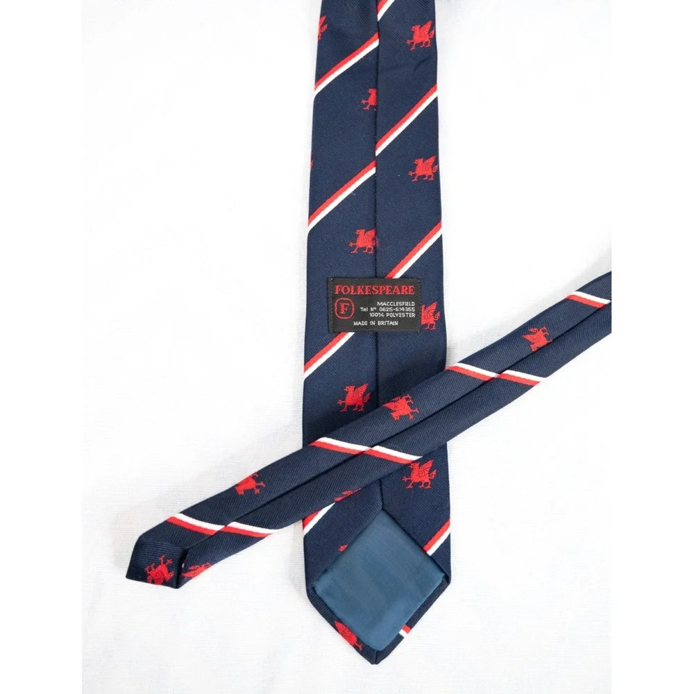 Folkespeare Necktie Mens Navy Blue‎ Excellent Welsh Dragon Striped Britain